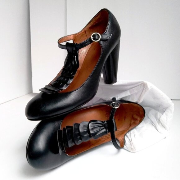 Crown Vintage Black Leather Ruffled T-Strap Baby Jane Heels Sz8 - Picture 9 of 9